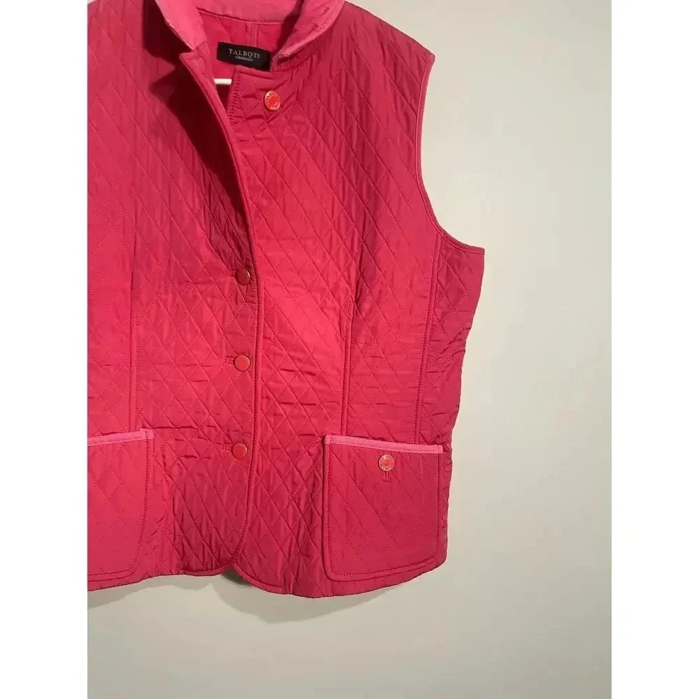 Talbots Pink Quilted Button Front‎ Vest with Corduroy Collar